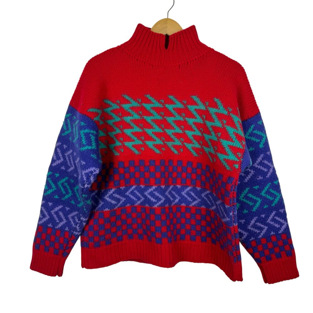 Top Notch Knits Womens VTG Artsy Retro Pullover Sweater Sz M Hand Knit 90s Fall